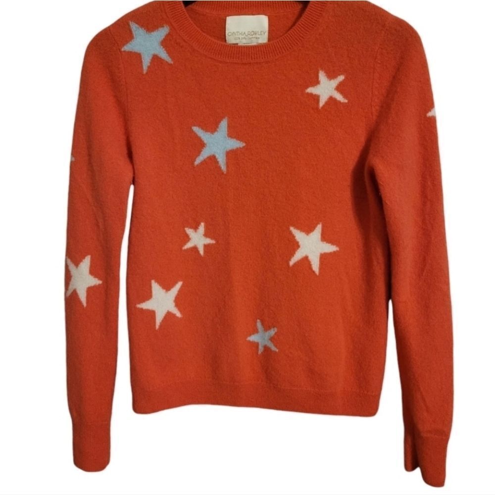 Cynthia Rowley Cashmere Coral Crewneck Long Sleeve Pullover With Stars Sweater